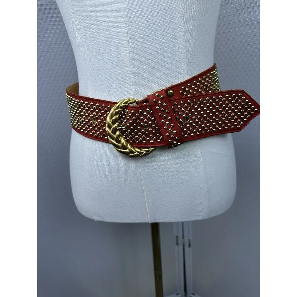 SAND CASTLE Vtg Studded Orange 1980s Leather Belt Women's small (23”-30”)
